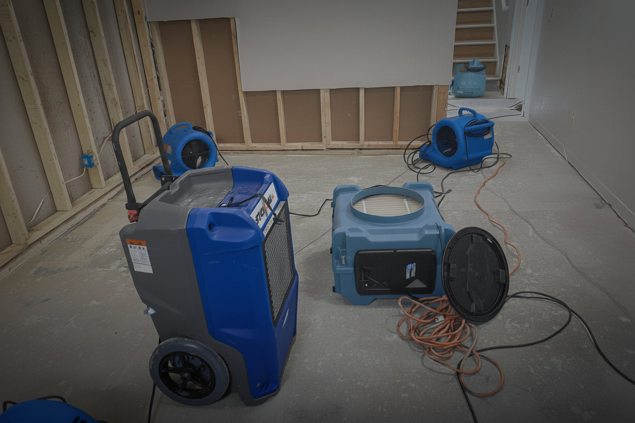 Blue industrial dehumidifiers in a room with exposed wooden beams.