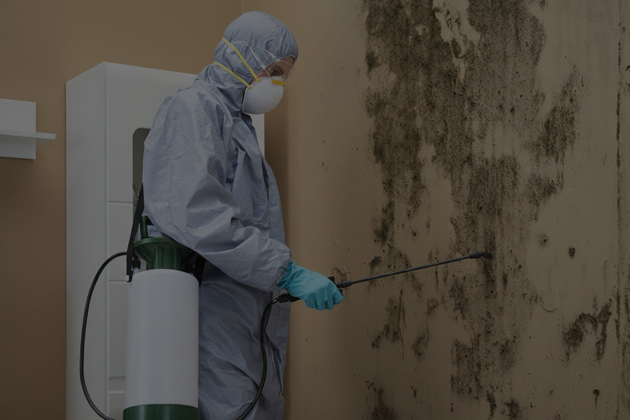 Person in protective gear treating mold on a wall