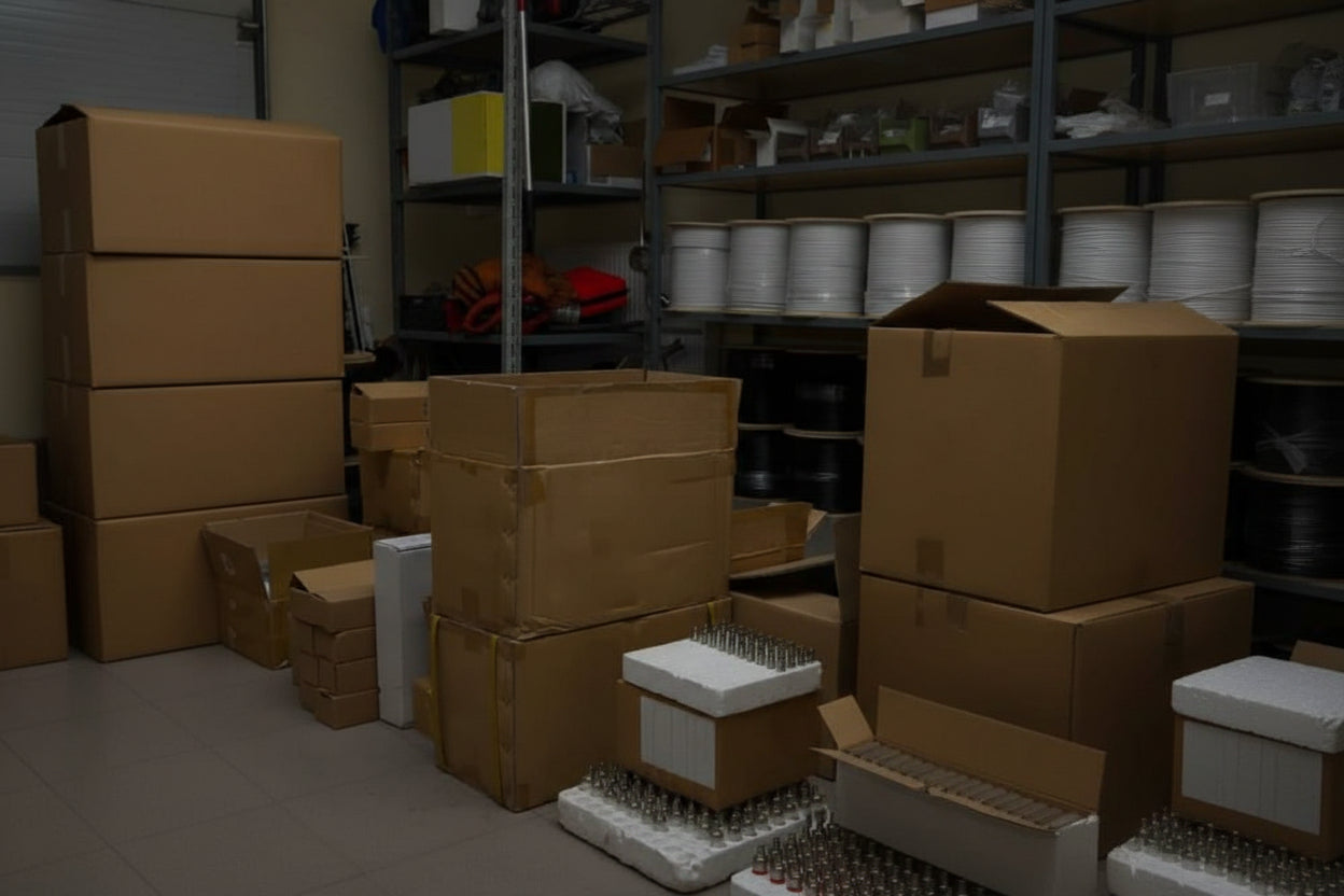Storage room with stacked cardboard boxes and shelves with various items.