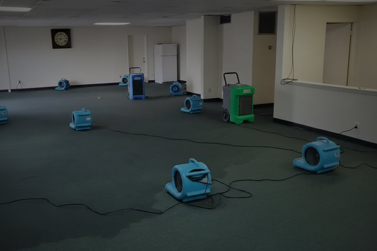 Room with blue and green air movers on a carpeted floor.