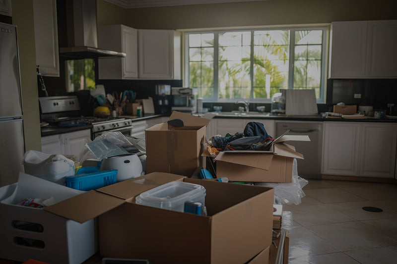 Kitchen with unpacked cardboard boxes and household items, indicating a move-in or move-out scenario.