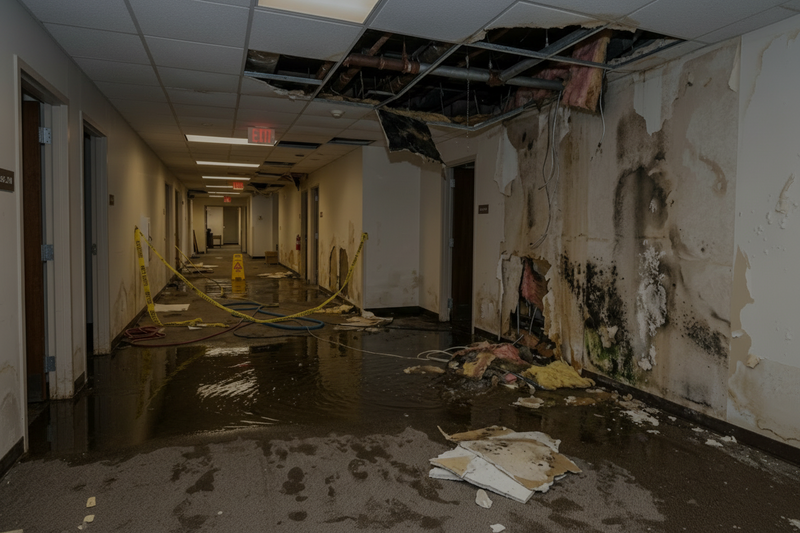 Corridor with water damage, mold on walls, and debris on floor